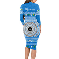 Personalised Fiji Marau Na Kerisimasi Long Sleeve Bodycon Dress Merry Christmas Tapa Pattern Blue Style LT9 - Polynesian Pride