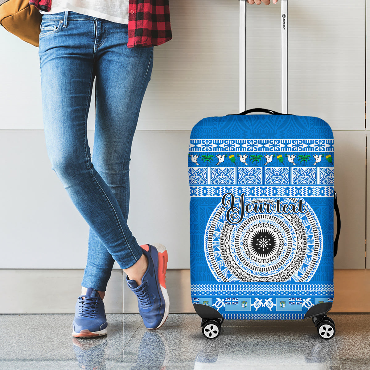 Personalised Fiji Marau Na Kerisimasi Luggage Cover Merry Christmas Tapa Pattern Blue Style LT9 - Polynesian Pride
