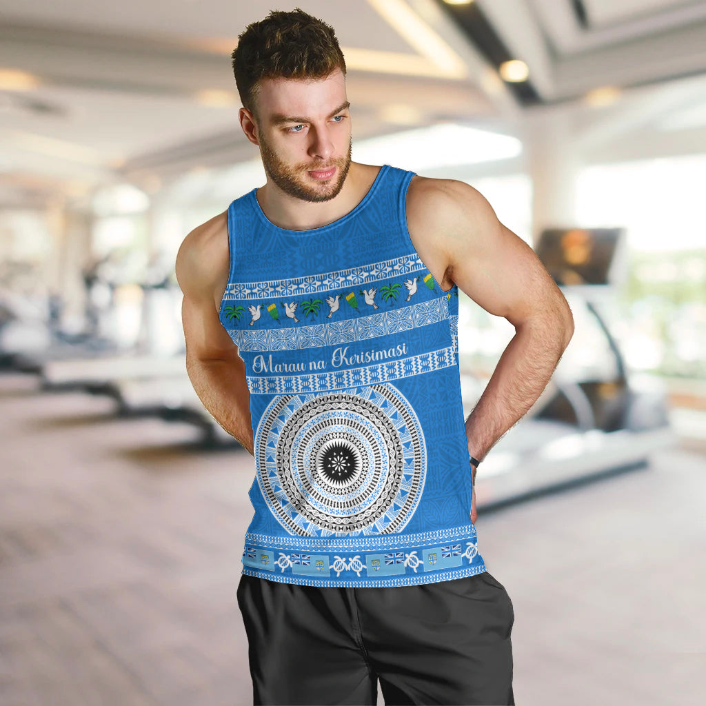 Personalised Fiji Marau Na Kerisimasi Men Tank Top Merry Christmas Tapa Pattern Blue Style LT9 Red - Polynesian Pride