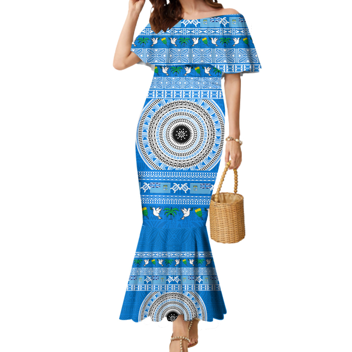 Personalised Fiji Marau Na Kerisimasi Mermaid Dress Merry Christmas Tapa Pattern Blue Style LT9 Women Red - Polynesian Pride