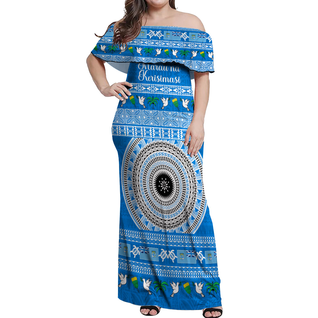 Personalised Fiji Marau Na Kerisimasi Off Shoulder Maxi Dress Merry Christmas Tapa Pattern Blue Style LT9 Women Red - Polynesian Pride