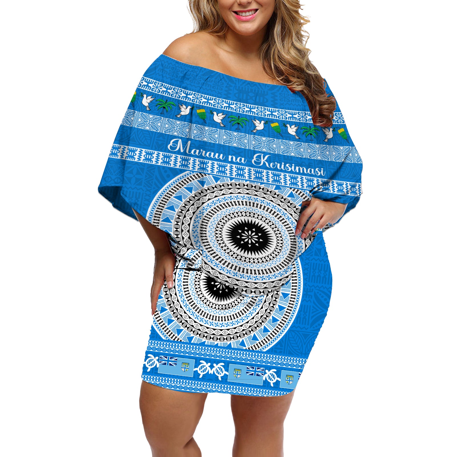 Personalised Fiji Marau Na Kerisimasi Off Shoulder Short Dress Merry Christmas Tapa Pattern Blue Style LT9 Women Red - Polynesian Pride