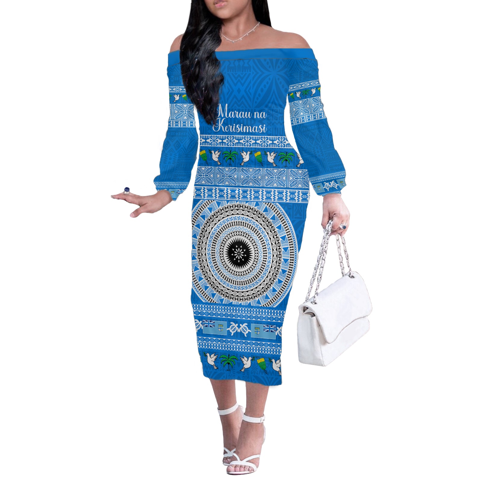 Personalised Fiji Marau Na Kerisimasi Off The Shoulder Long Sleeve Dress Merry Christmas Tapa Pattern Blue Style LT9 Women Red - Polynesian Pride