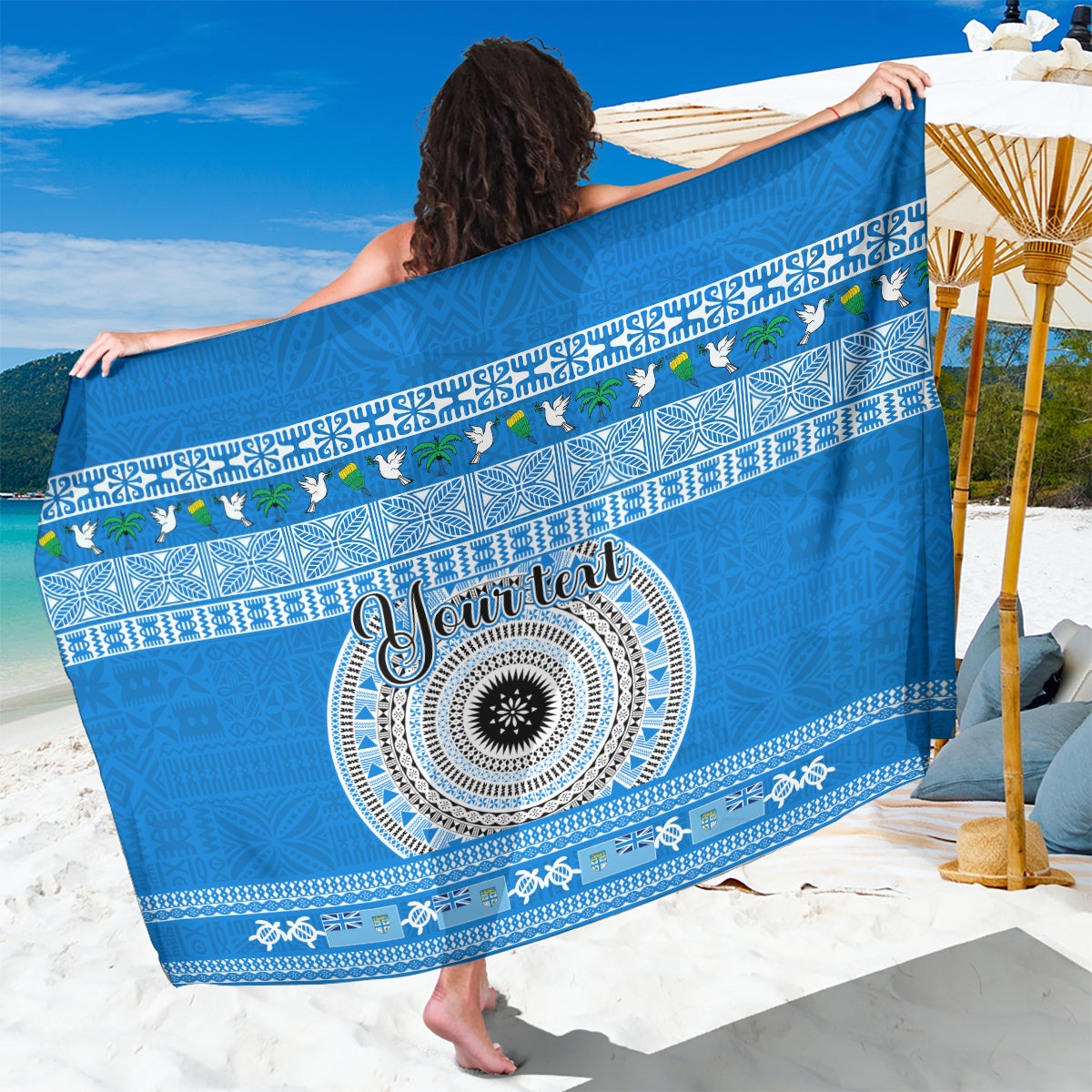 Personalised Fiji Marau Na Kerisimasi Sarong Merry Christmas Tapa Pattern Blue Style LT9 One Size 44 x 66 inches Red - Polynesian Pride