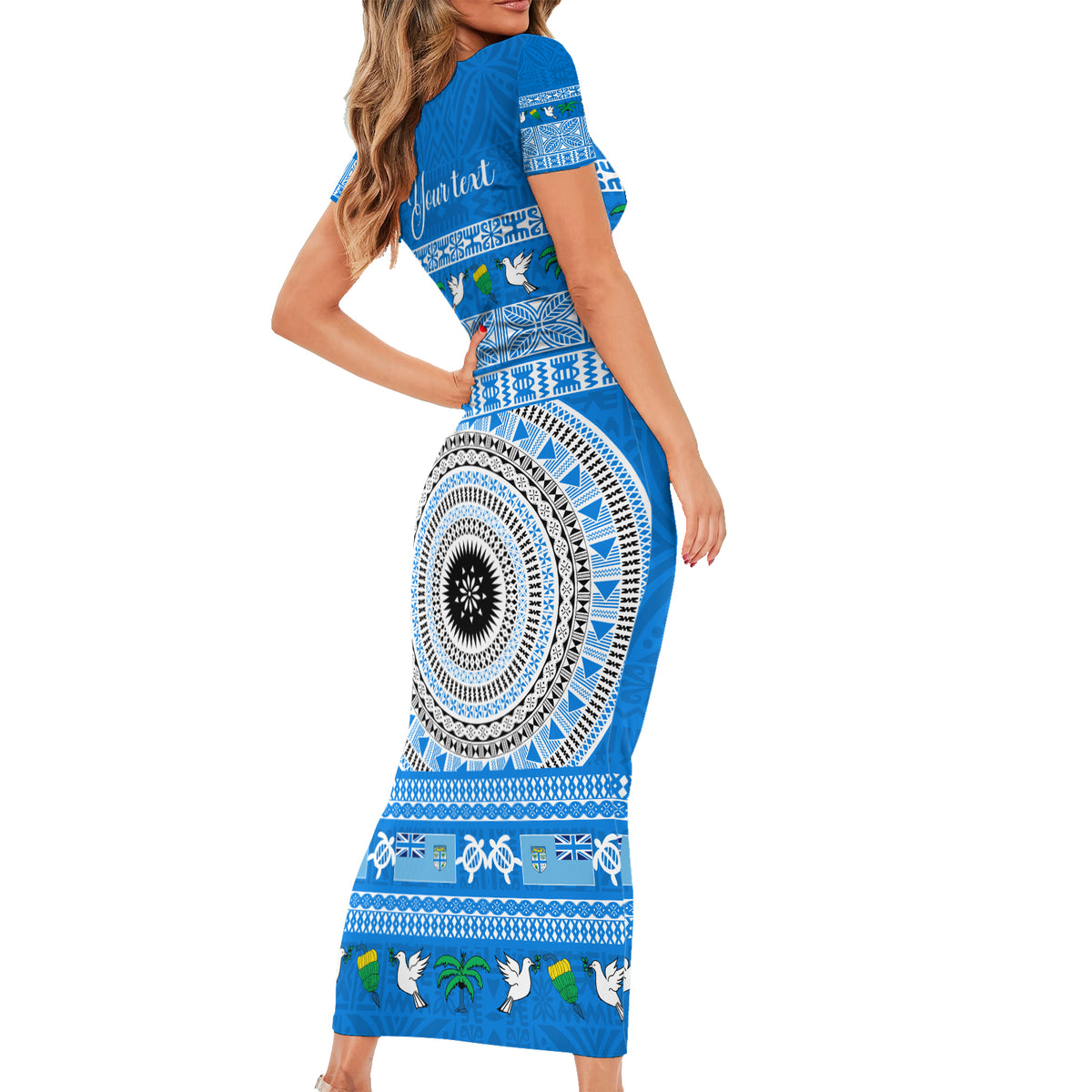 Personalised Fiji Marau Na Kerisimasi Short Sleeve Bodycon Dress Merry Christmas Tapa Pattern Blue Style LT9 - Polynesian Pride