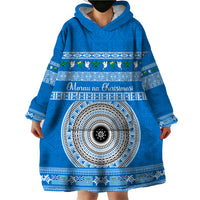 Personalised Fiji Marau Na Kerisimasi Wearable Blanket Hoodie Merry Christmas Tapa Pattern Blue Style LT9 - Polynesian Pride