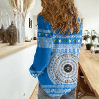 Personalised Fiji Marau Na Kerisimasi Women Casual Shirt Merry Christmas Tapa Pattern Blue Style LT9 - Polynesian Pride