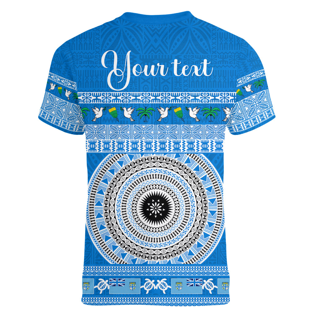 Personalised Fiji Marau Na Kerisimasi Women V Neck T Shirt Merry Christmas Tapa Pattern Blue Style LT9 - Polynesian Pride