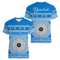 Personalised Fiji Marau Na Kerisimasi Women V Neck T Shirt Merry Christmas Tapa Pattern Blue Style LT9 - Polynesian Pride