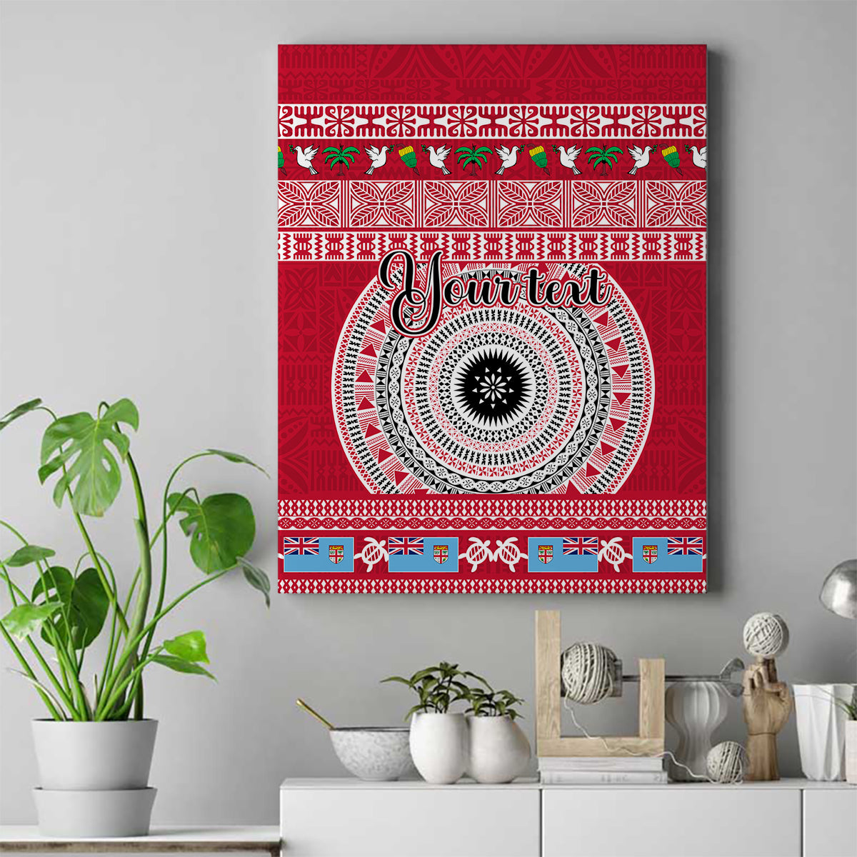 Personalised Fiji Marau Na Kerisimasi Canvas Wall Art Merry Christmas Tapa Pattern Red Style LT9 Red - Polynesian Pride