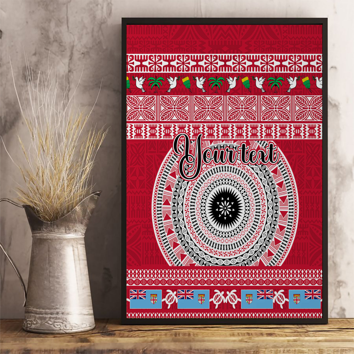 Personalised Fiji Marau Na Kerisimasi Canvas Wall Art Merry Christmas Tapa Pattern Red Style LT9 - Polynesian Pride