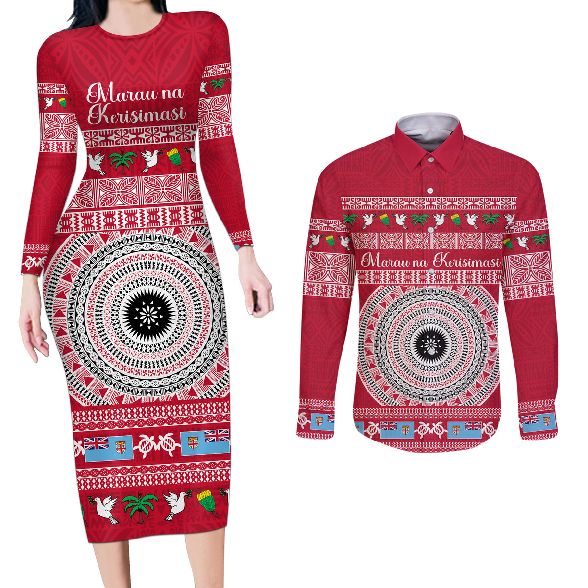 Personalised Fiji Marau Na Kerisimasi Couples Matching Long Sleeve Bodycon Dress and Long Sleeve Button Shirt Merry Christmas Tapa Pattern Red Style LT9 Red - Polynesian Pride