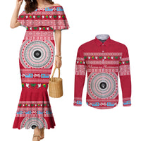 Personalised Fiji Marau Na Kerisimasi Couples Matching Mermaid Dress and Long Sleeve Button Shirt Merry Christmas Tapa Pattern Red Style LT9 Red - Polynesian Pride