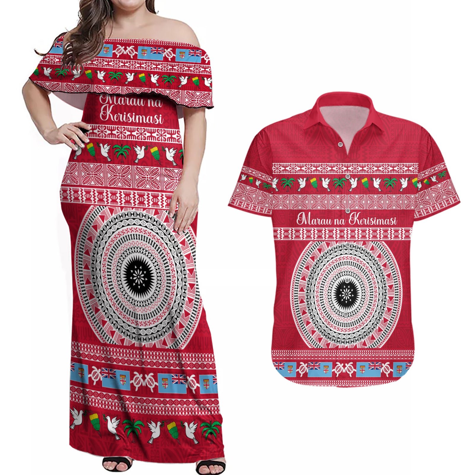 Personalised Fiji Marau Na Kerisimasi Couples Matching Off Shoulder Maxi Dress and Hawaiian Shirt Merry Christmas Tapa Pattern Red Style LT9 Red - Polynesian Pride