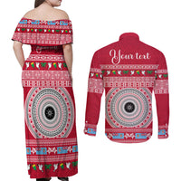 Personalised Fiji Marau Na Kerisimasi Couples Matching Off Shoulder Maxi Dress and Long Sleeve Button Shirt Merry Christmas Tapa Pattern Red Style LT9 - Polynesian Pride