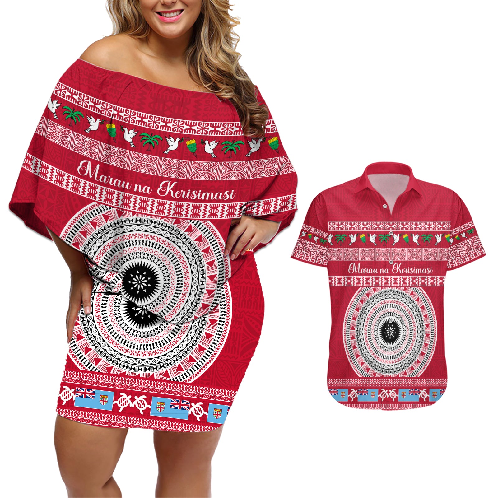 Personalised Fiji Marau Na Kerisimasi Couples Matching Off Shoulder Short Dress and Hawaiian Shirt Merry Christmas Tapa Pattern Red Style LT9 Red - Polynesian Pride