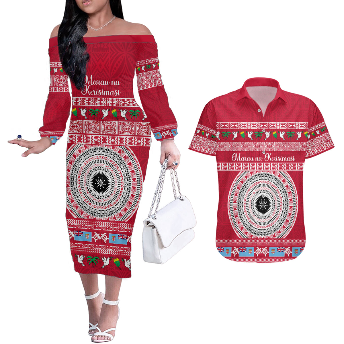 Personalised Fiji Marau Na Kerisimasi Couples Matching Off The Shoulder Long Sleeve Dress and Hawaiian Shirt Merry Christmas Tapa Pattern Red Style LT9 Red - Polynesian Pride