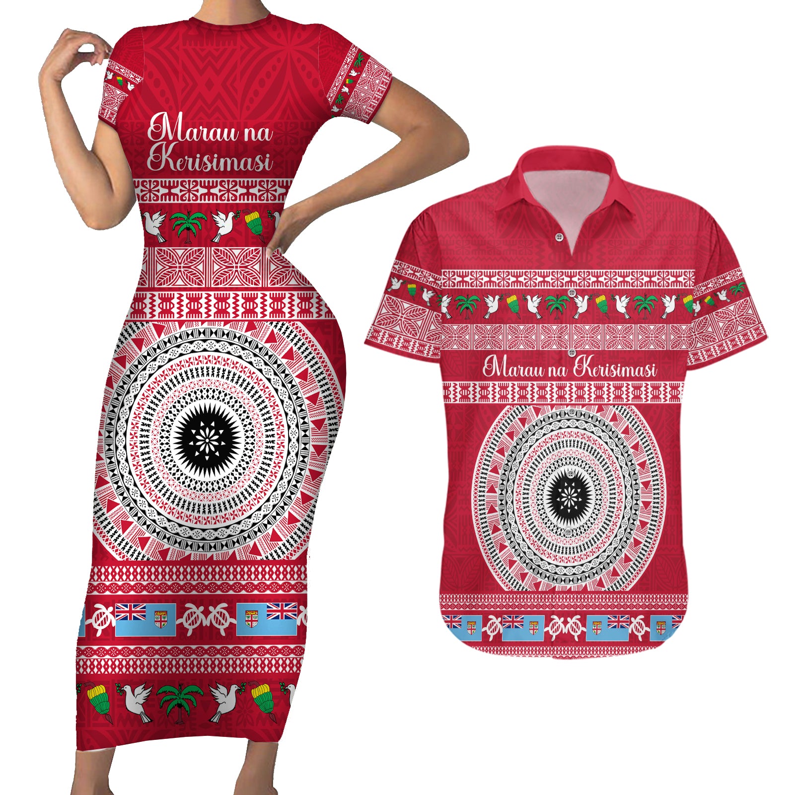 Personalised Fiji Marau Na Kerisimasi Couples Matching Short Sleeve Bodycon Dress and Hawaiian Shirt Merry Christmas Tapa Pattern Red Style LT9 Red - Polynesian Pride