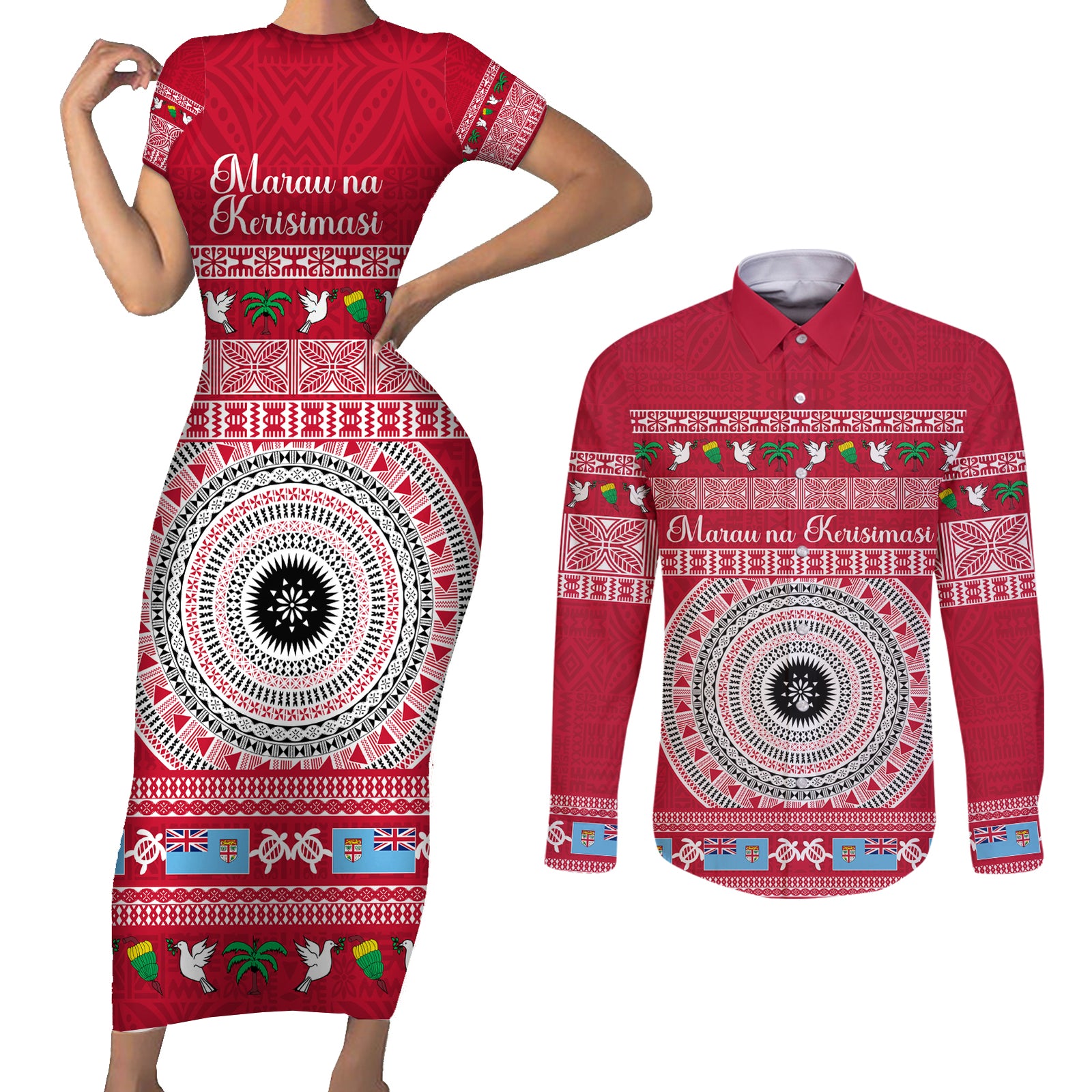 Personalised Fiji Marau Na Kerisimasi Couples Matching Short Sleeve Bodycon Dress and Long Sleeve Button Shirt Merry Christmas Tapa Pattern Red Style LT9 Red - Polynesian Pride