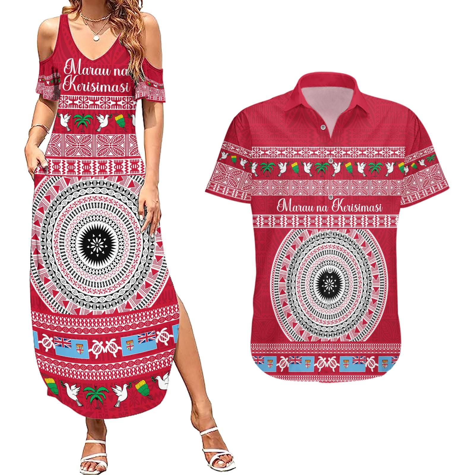 Personalised Fiji Marau Na Kerisimasi Couples Matching Summer Maxi Dress and Hawaiian Shirt Merry Christmas Tapa Pattern Red Style LT9 Red - Polynesian Pride