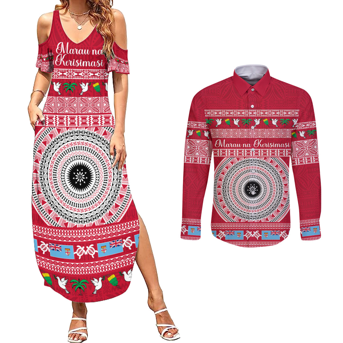 Personalised Fiji Marau Na Kerisimasi Couples Matching Summer Maxi Dress and Long Sleeve Button Shirt Merry Christmas Tapa Pattern Red Style LT9 Red - Polynesian Pride