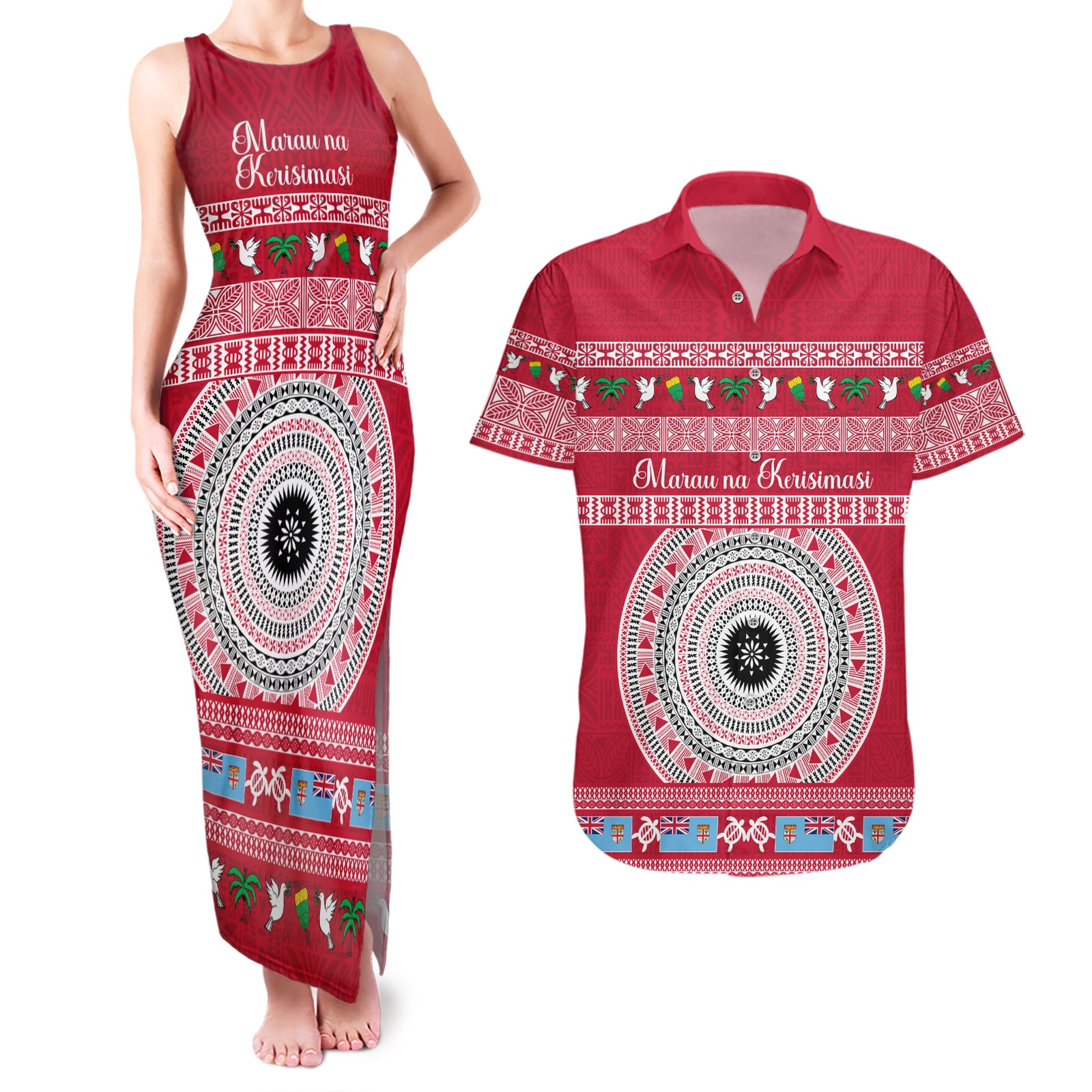 Personalised Fiji Marau Na Kerisimasi Couples Matching Tank Maxi Dress and Hawaiian Shirt Merry Christmas Tapa Pattern Red Style LT9 Red - Polynesian Pride