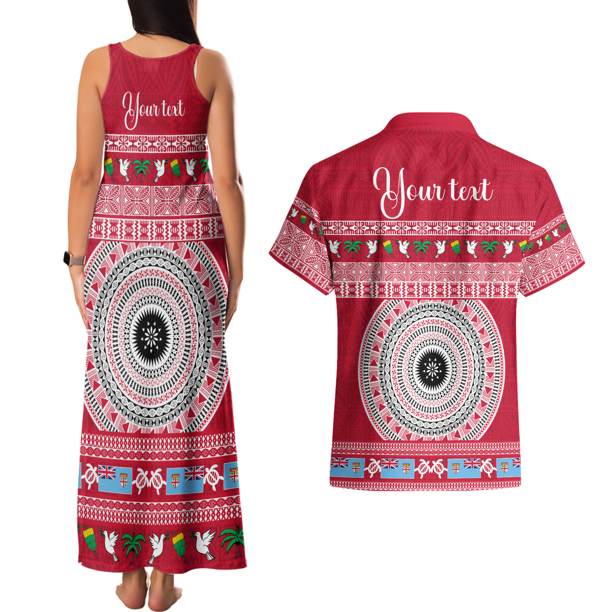 Personalised Fiji Marau Na Kerisimasi Couples Matching Tank Maxi Dress and Hawaiian Shirt Merry Christmas Tapa Pattern Red Style LT9 - Polynesian Pride