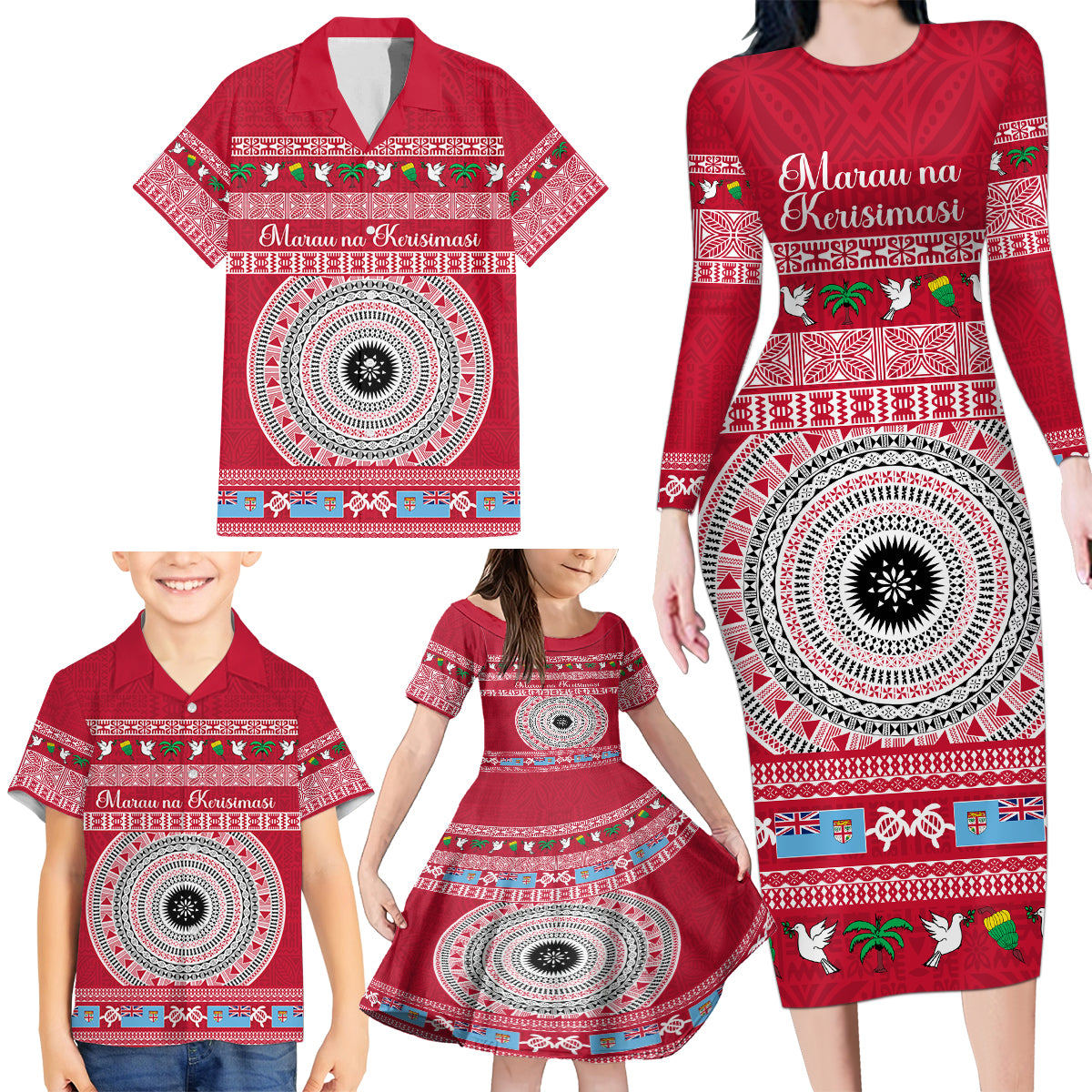 Personalised Fiji Marau Na Kerisimasi Family Matching Long Sleeve Bodycon Dress and Hawaiian Shirt Merry Christmas Tapa Pattern Red Style LT9 - Polynesian Pride