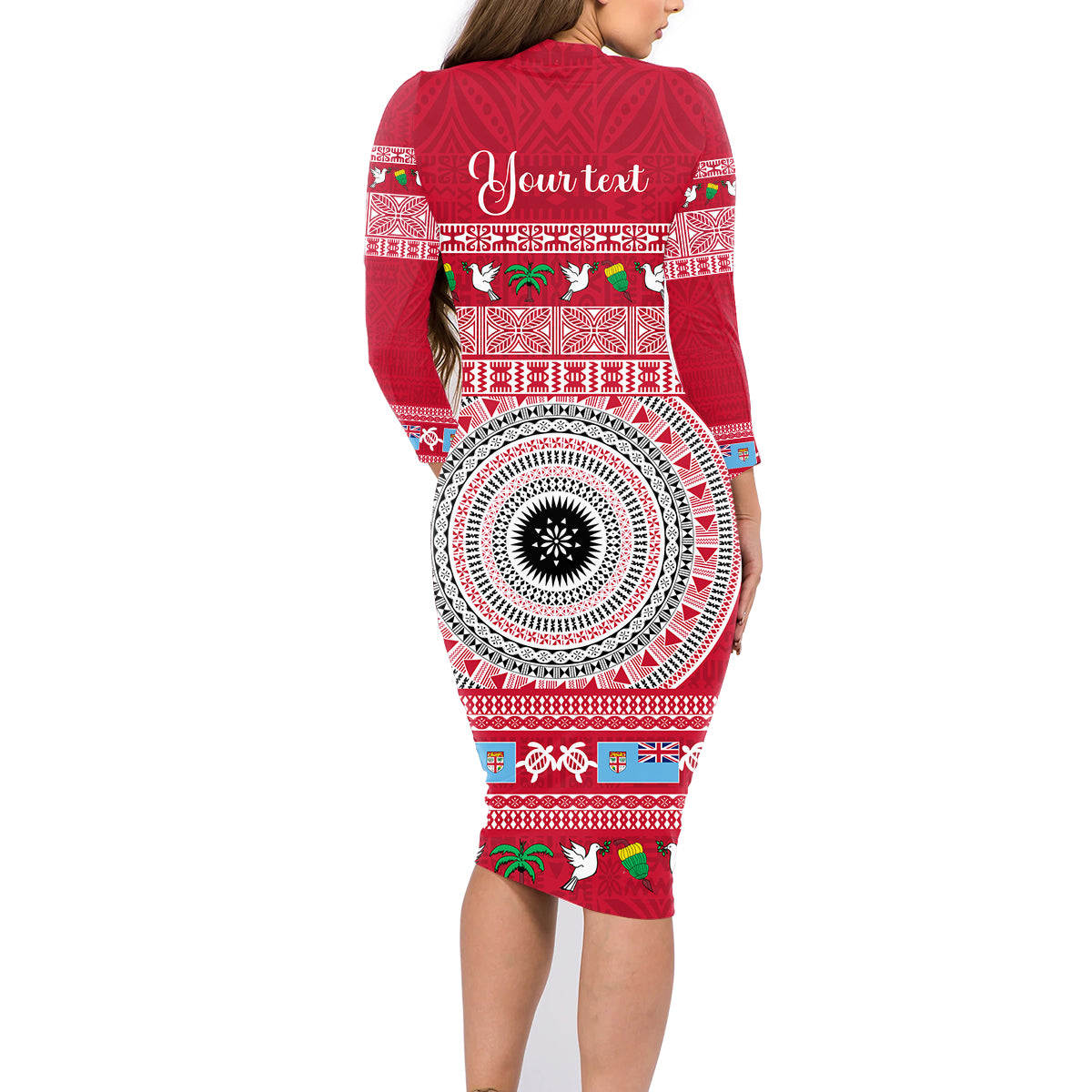 Personalised Fiji Marau Na Kerisimasi Family Matching Long Sleeve Bodycon Dress and Hawaiian Shirt Merry Christmas Tapa Pattern Red Style LT9 - Polynesian Pride