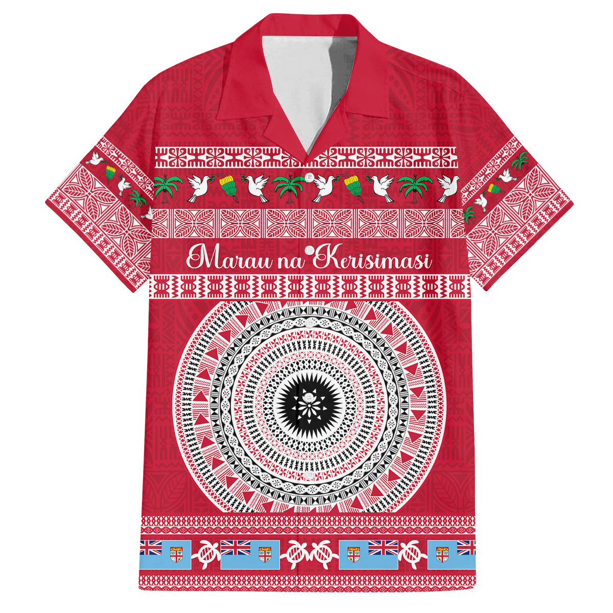 Personalised Fiji Marau Na Kerisimasi Family Matching Off Shoulder Long Sleeve Dress and Hawaiian Shirt Merry Christmas Tapa Pattern Red Style LT9 Dad's Shirt - Short Sleeve Red - Polynesian Pride