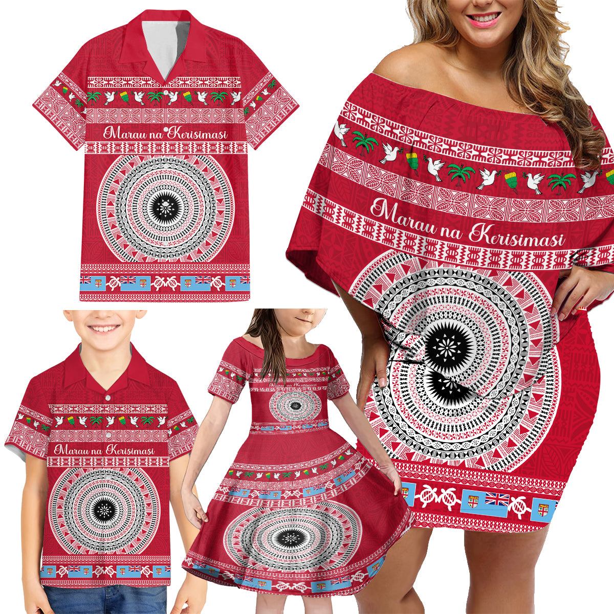 Personalised Fiji Marau Na Kerisimasi Family Matching Off Shoulder Short Dress and Hawaiian Shirt Merry Christmas Tapa Pattern Red Style LT9 - Polynesian Pride