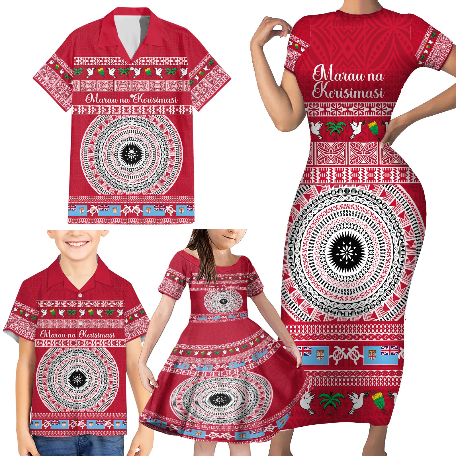 Personalised Fiji Marau Na Kerisimasi Family Matching Short Sleeve Bodycon Dress and Hawaiian Shirt Merry Christmas Tapa Pattern Red Style LT9 - Polynesian Pride