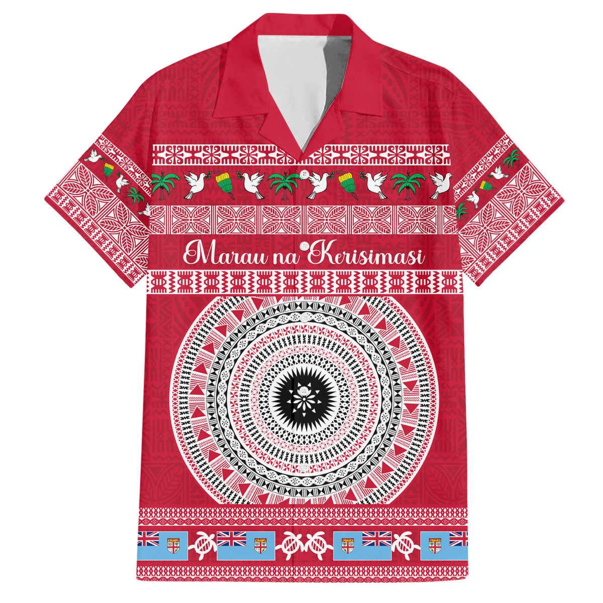 Personalised Fiji Marau Na Kerisimasi Family Matching Short Sleeve Bodycon Dress and Hawaiian Shirt Merry Christmas Tapa Pattern Red Style LT9 Dad's Shirt - Short Sleeve Red - Polynesian Pride