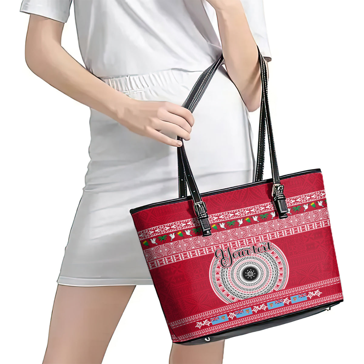 Personalised Fiji Marau Na Kerisimasi Leather Tote Bag Merry Christmas Tapa Pattern Red Style LT9 - Polynesian Pride