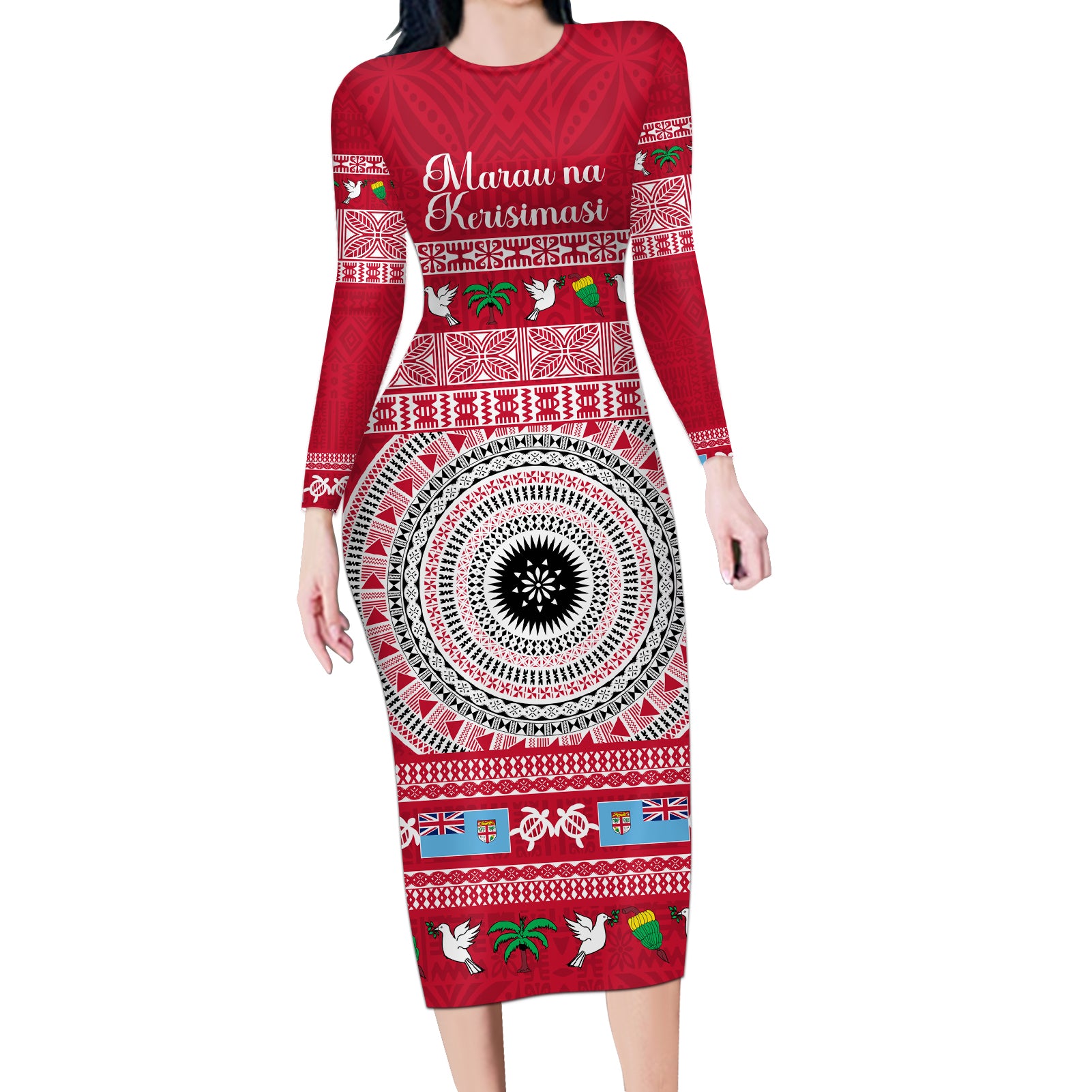 Personalised Fiji Marau Na Kerisimasi Long Sleeve Bodycon Dress Merry Christmas Tapa Pattern Red Style LT9 Long Dress Red - Polynesian Pride