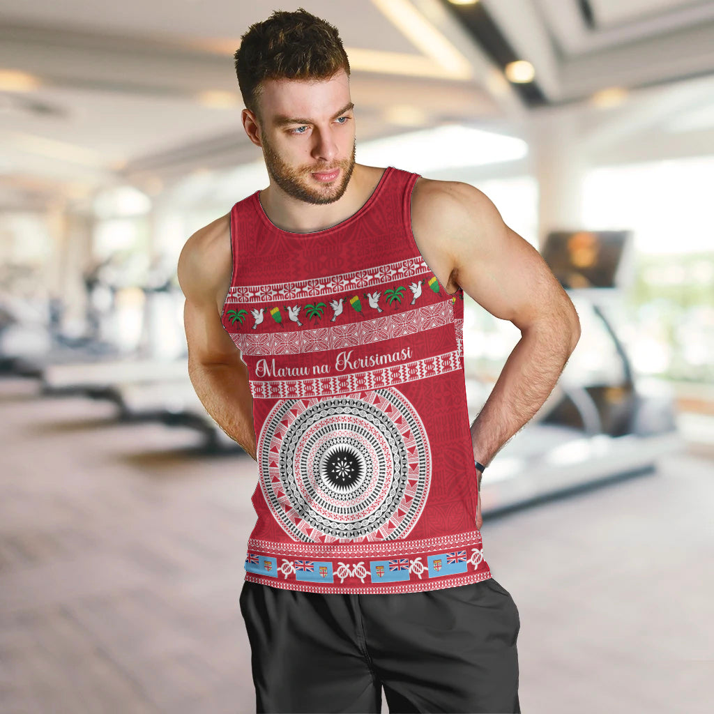 Personalised Fiji Marau Na Kerisimasi Men Tank Top Merry Christmas Tapa Pattern Red Style LT9 Red - Polynesian Pride