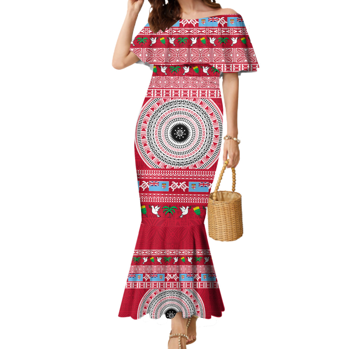 Personalised Fiji Marau Na Kerisimasi Mermaid Dress Merry Christmas Tapa Pattern Red Style LT9 Women Red - Polynesian Pride