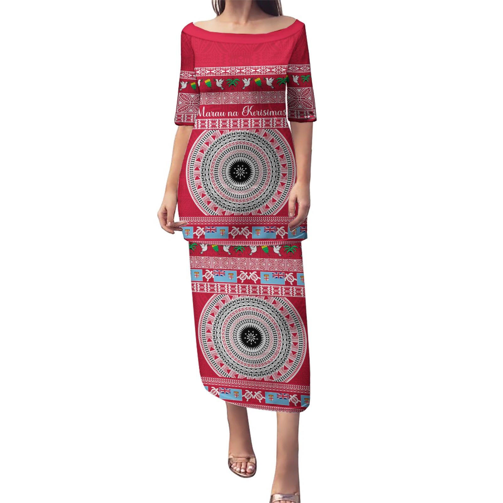 Personalised Fiji Marau Na Kerisimasi Puletasi Merry Christmas Tapa Pattern Red Style LT9 Long Dress Red - Polynesian Pride