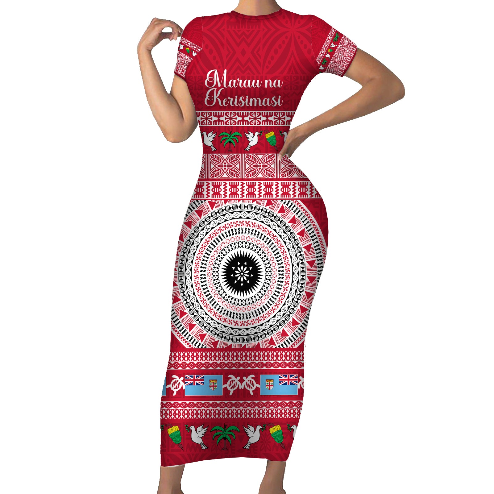 Personalised Fiji Marau Na Kerisimasi Short Sleeve Bodycon Dress Merry Christmas Tapa Pattern Red Style LT9 Long Dress Red - Polynesian Pride
