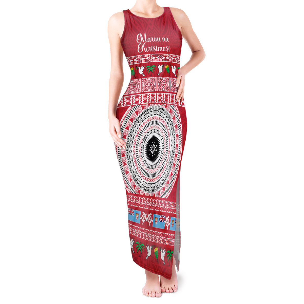 Personalised Fiji Marau Na Kerisimasi Tank Maxi Dress Merry Christmas Tapa Pattern Red Style LT9 Women Red - Polynesian Pride