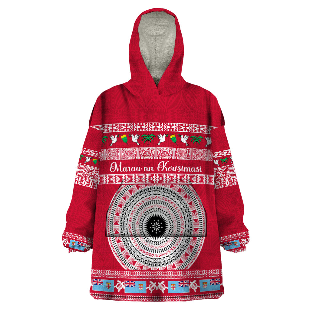 Personalised Fiji Marau Na Kerisimasi Wearable Blanket Hoodie Merry Christmas Tapa Pattern Red Style LT9 One Size Red - Polynesian Pride