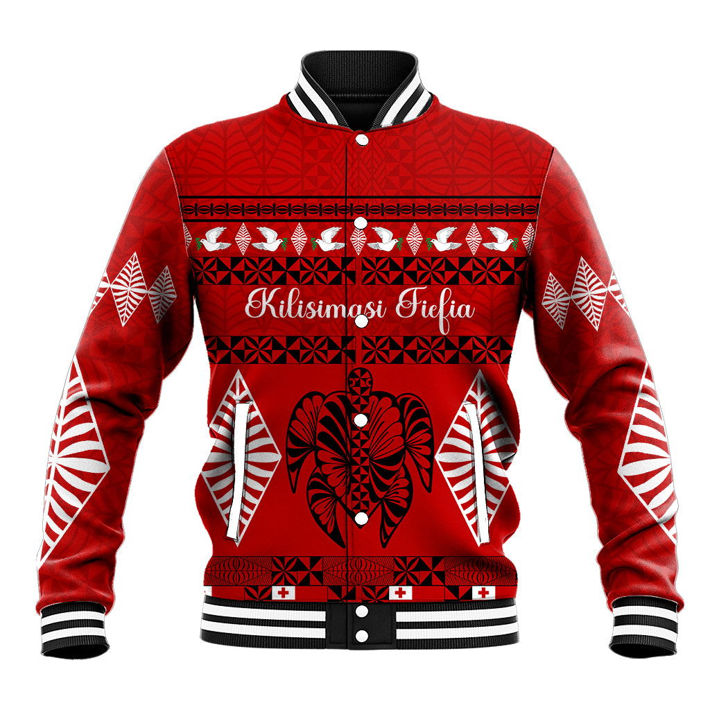 Personalised Tonga Kilisimasi Fiefia Baseball Jacket Merry Christmas with Turtle Ngatu Pattern LT9 Unisex Red - Polynesian Pride