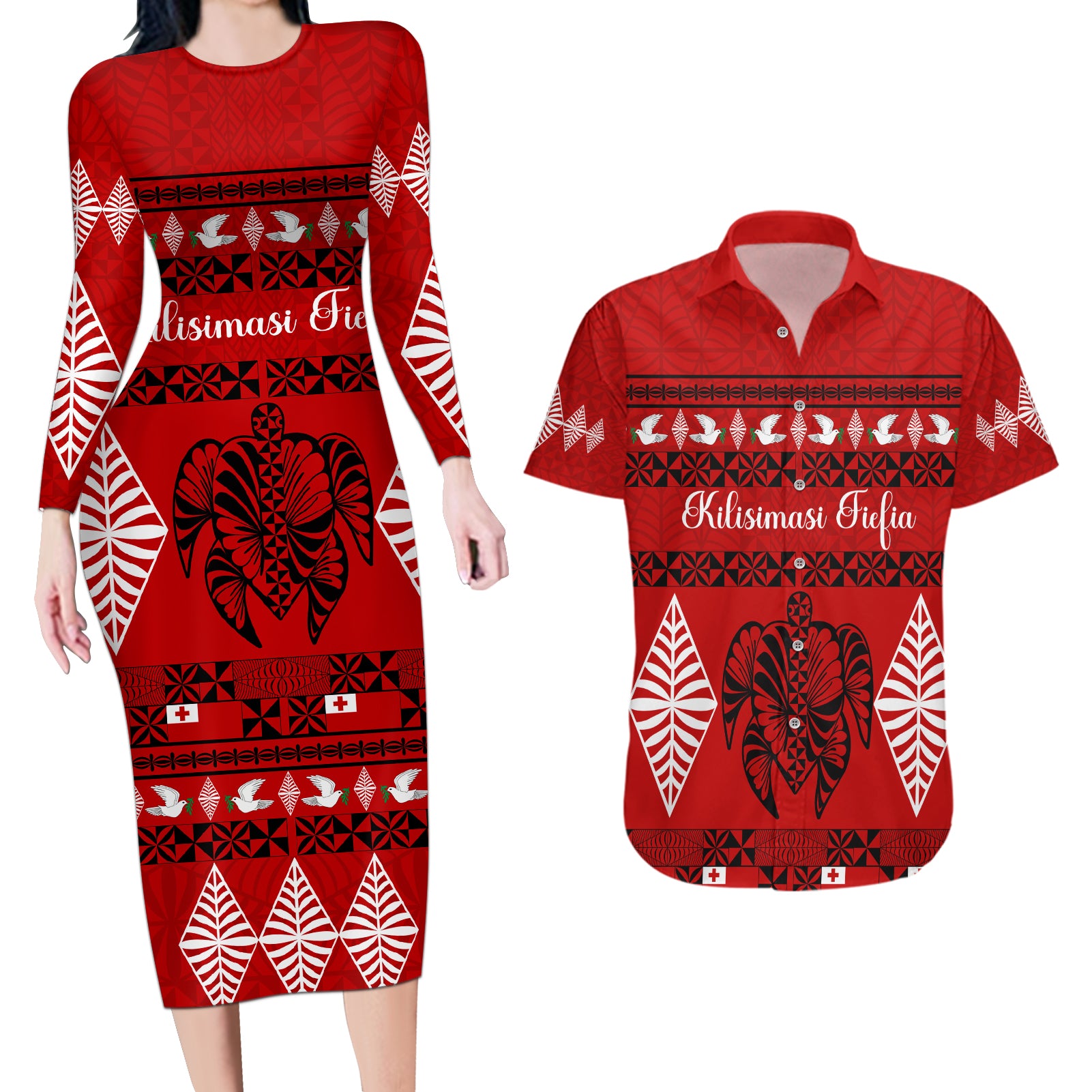 Personalised Tonga Kilisimasi Fiefia Couples Matching Long Sleeve Bodycon Dress and Hawaiian Shirt Merry Christmas with Turtle Ngatu Pattern LT9 Red - Polynesian Pride