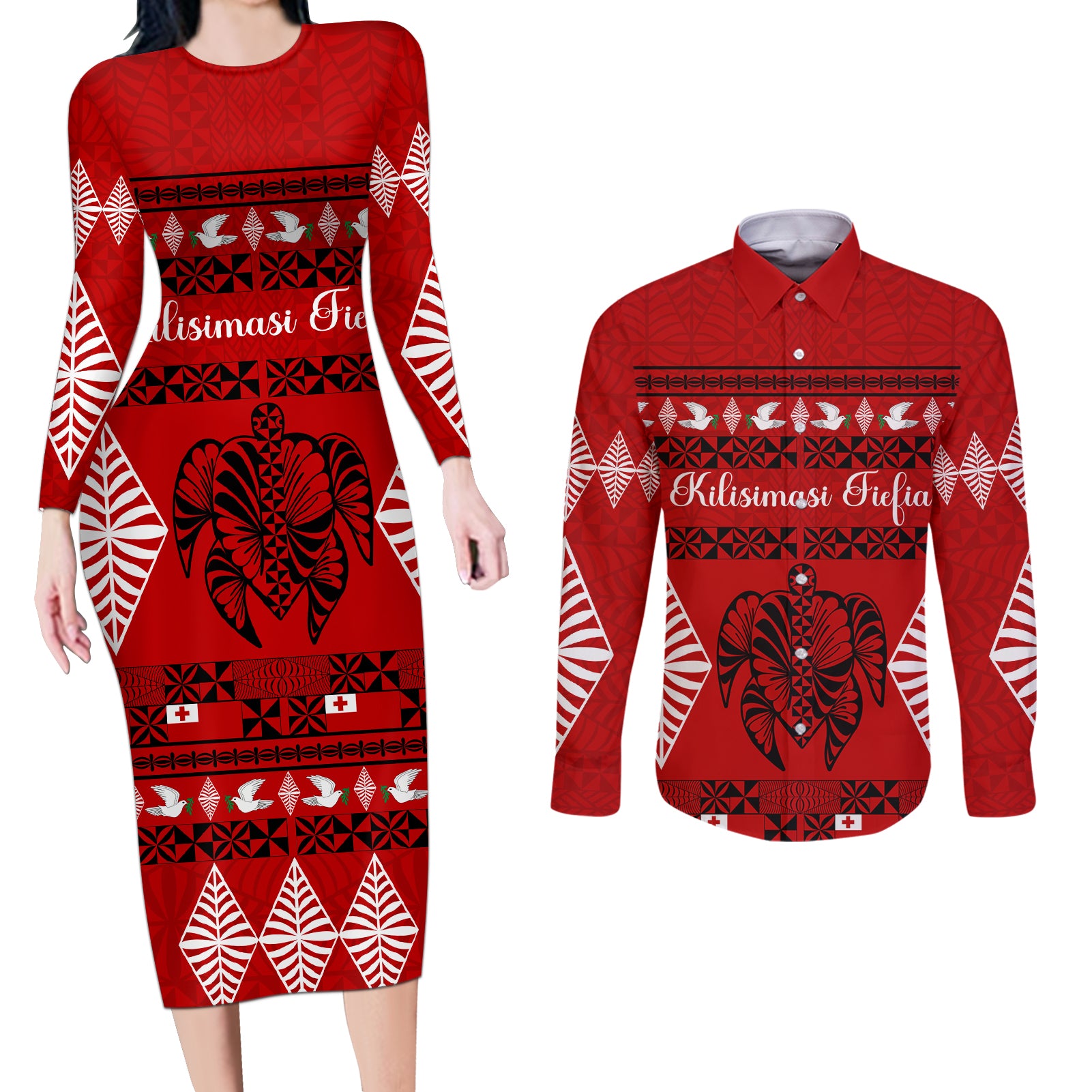 Personalised Tonga Kilisimasi Fiefia Couples Matching Long Sleeve Bodycon Dress and Long Sleeve Button Shirt Merry Christmas with Turtle Ngatu Pattern LT9 Red - Polynesian Pride