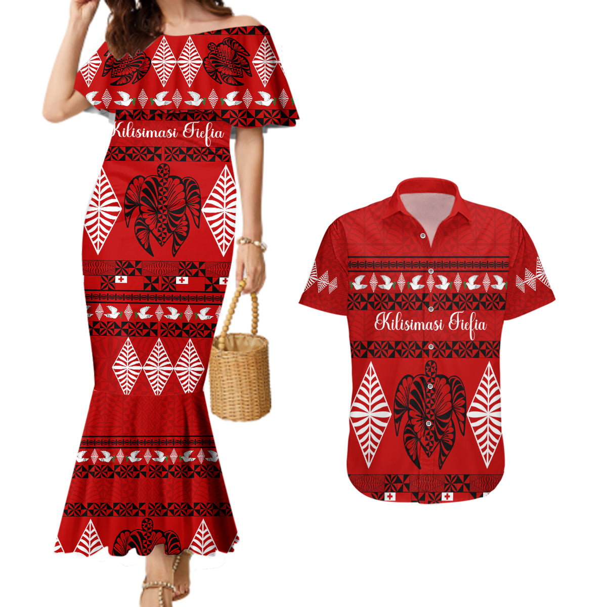 Personalised Tonga Kilisimasi Fiefia Couples Matching Mermaid Dress and Hawaiian Shirt Merry Christmas with Turtle Ngatu Pattern LT9 Red - Polynesian Pride