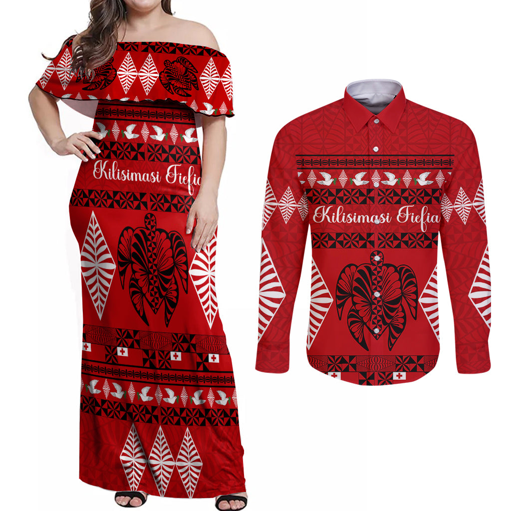 Personalised Tonga Kilisimasi Fiefia Couples Matching Off Shoulder Maxi Dress and Long Sleeve Button Shirt Merry Christmas with Turtle Ngatu Pattern LT9 Red - Polynesian Pride