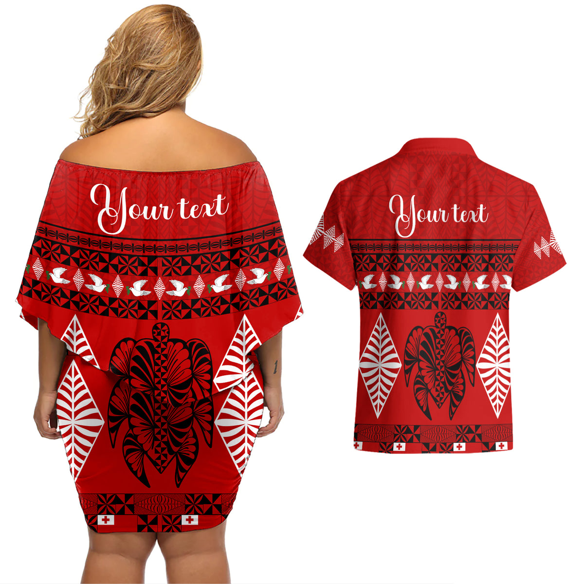 Personalised Tonga Kilisimasi Fiefia Couples Matching Off Shoulder Short Dress and Hawaiian Shirt Merry Christmas with Turtle Ngatu Pattern LT9 - Polynesian Pride