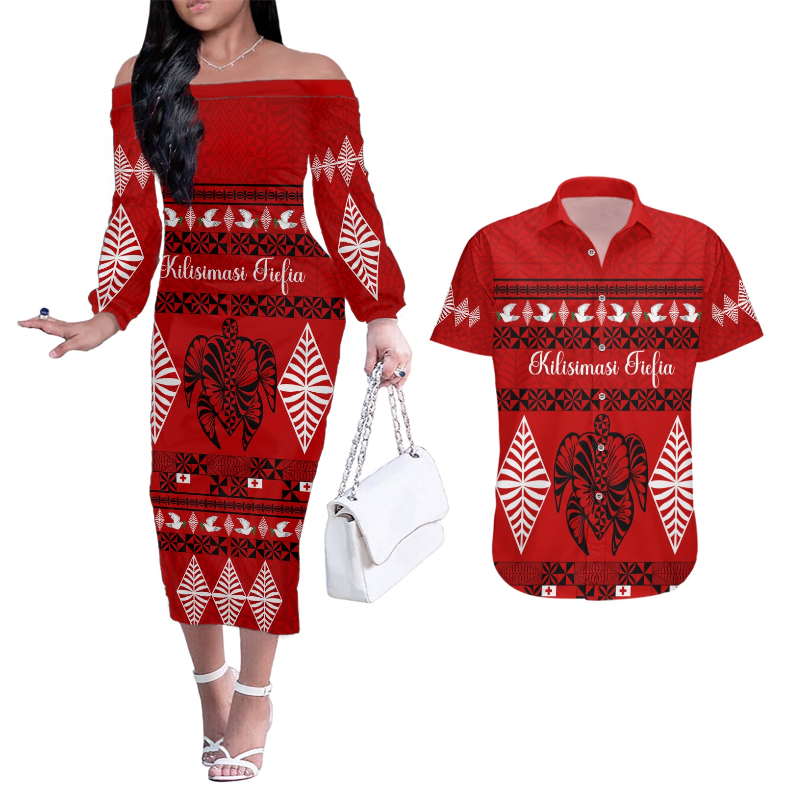 Personalised Tonga Kilisimasi Fiefia Couples Matching Off The Shoulder Long Sleeve Dress and Hawaiian Shirt Merry Christmas with Turtle Ngatu Pattern LT9 Red - Polynesian Pride