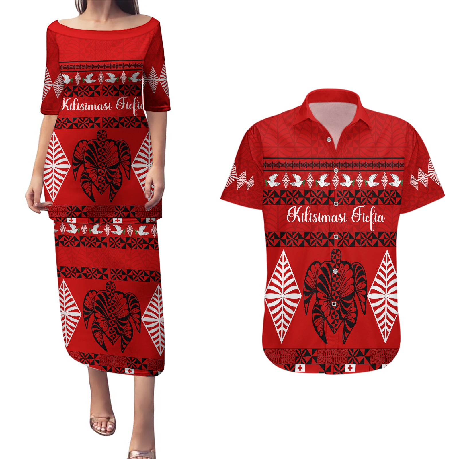 Personalised Tonga Kilisimasi Fiefia Couples Matching Puletasi Dress and Hawaiian Shirt Merry Christmas with Turtle Ngatu Pattern LT9 Red - Polynesian Pride