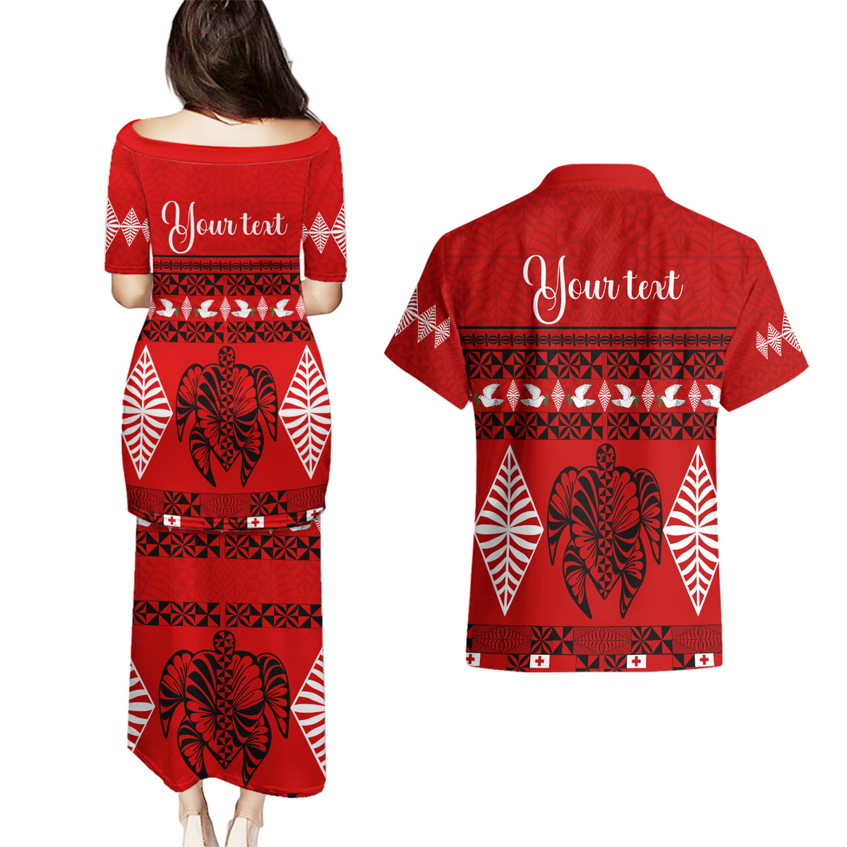 Personalised Tonga Kilisimasi Fiefia Couples Matching Puletasi Dress and Hawaiian Shirt Merry Christmas with Turtle Ngatu Pattern LT9 - Polynesian Pride